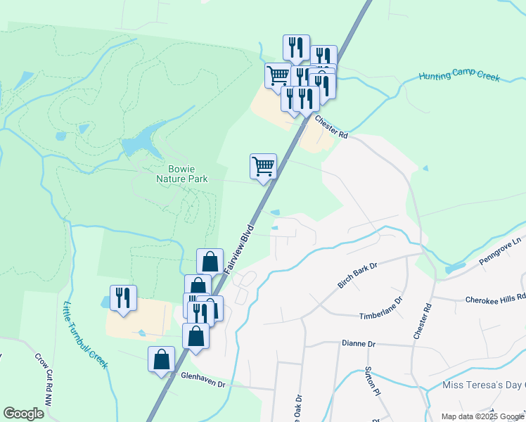 map of restaurants, bars, coffee shops, grocery stores, and more near 2300 Fairview Boulevard in Fairview