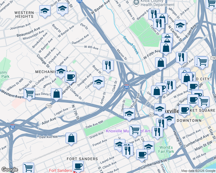 map of restaurants, bars, coffee shops, grocery stores, and more near 1102 Oak Avenue in Knoxville