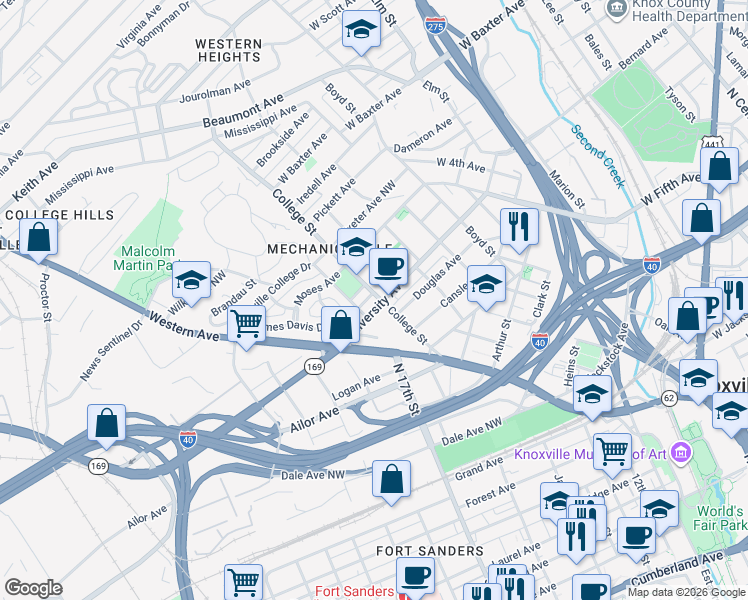 map of restaurants, bars, coffee shops, grocery stores, and more near 711 College Street in Knoxville
