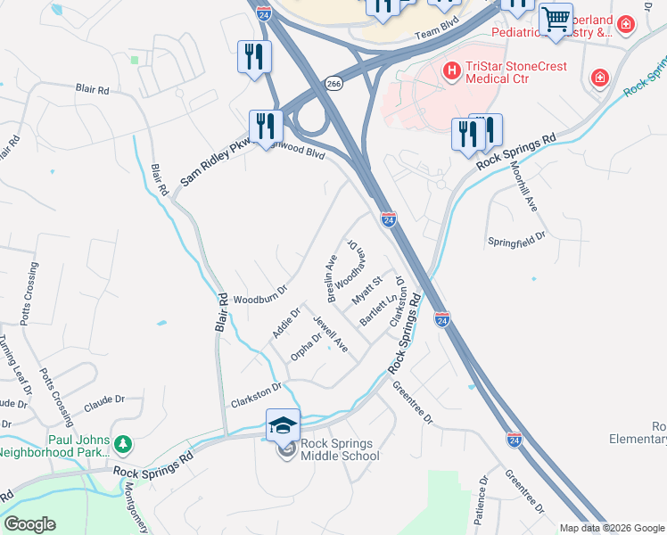 map of restaurants, bars, coffee shops, grocery stores, and more near 533 Breslin Avenue in Smyrna