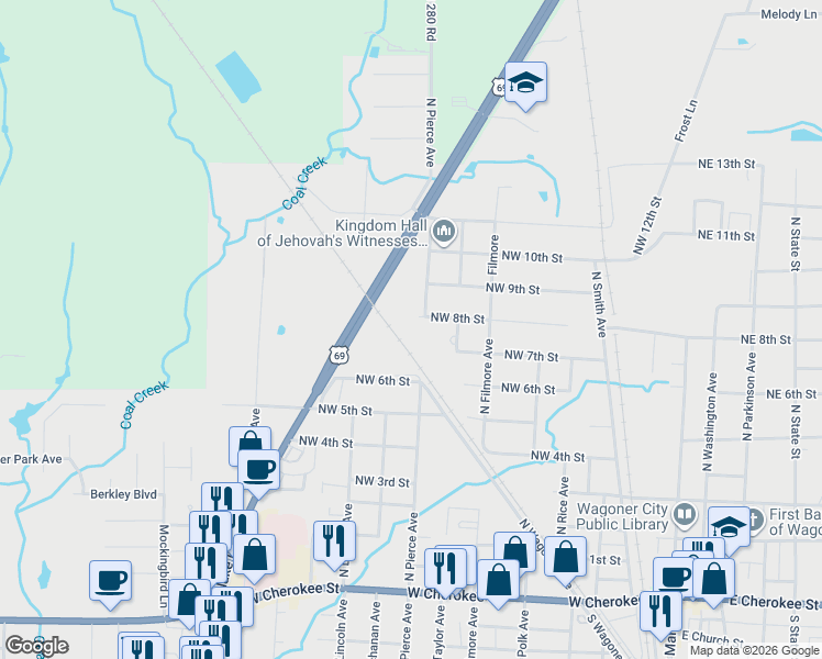 map of restaurants, bars, coffee shops, grocery stores, and more near 711 Northwest 8th Street in Wagoner