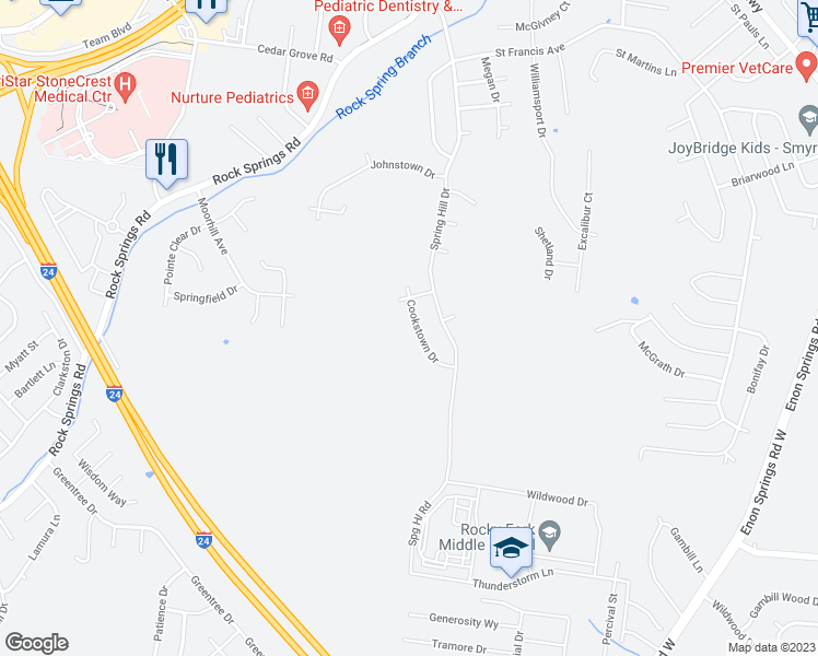 map of restaurants, bars, coffee shops, grocery stores, and more near 606 Cookstown Drive in Smyrna