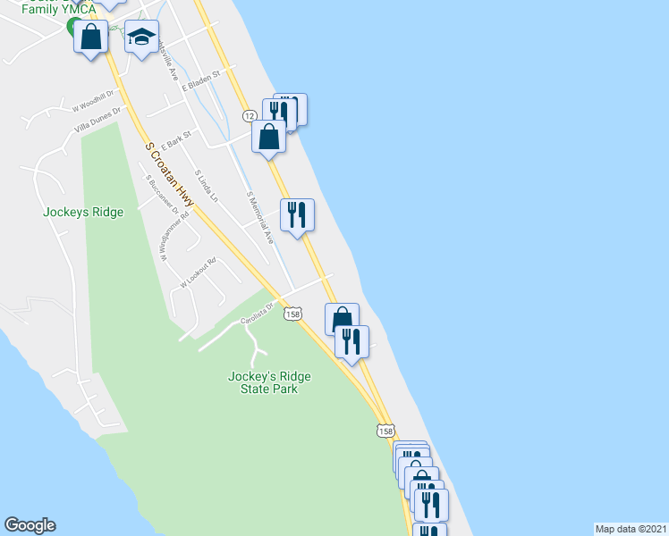 map of restaurants, bars, coffee shops, grocery stores, and more near 3543 South Virginia Dare Trail in Nags Head