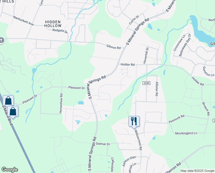 map of restaurants, bars, coffee shops, grocery stores, and more near 821 South Mineral Springs Road in Durham