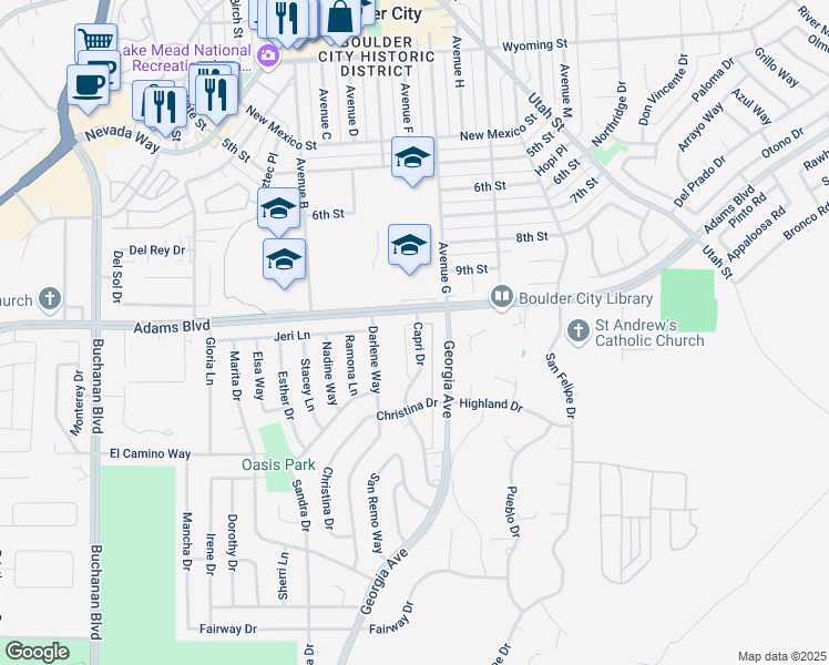 map of restaurants, bars, coffee shops, grocery stores, and more near 1303 Capri Drive in Boulder City
