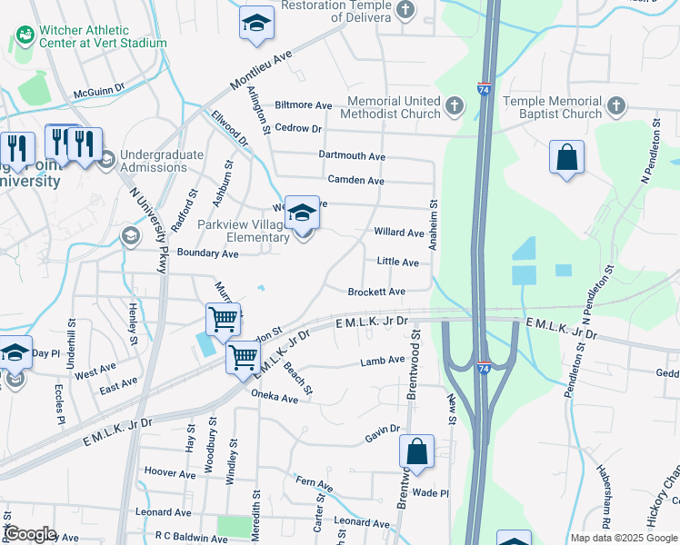 map of restaurants, bars, coffee shops, grocery stores, and more near 214 Gordon Street in High Point