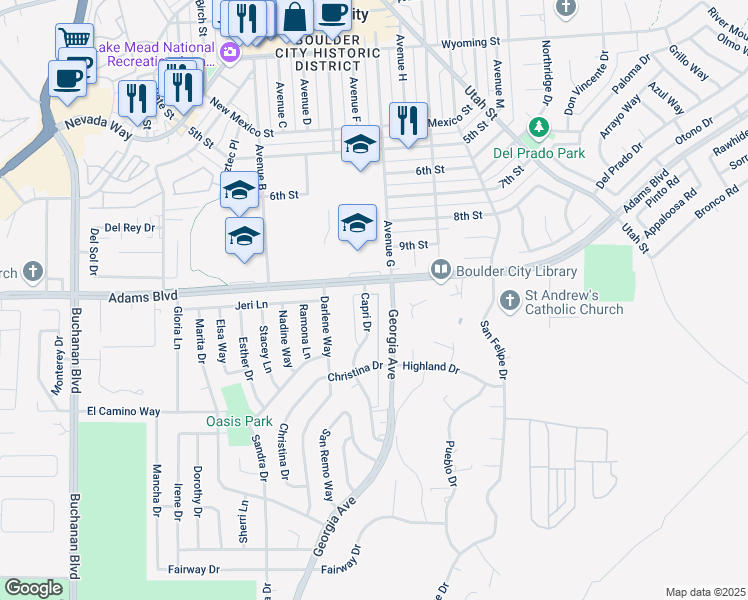 map of restaurants, bars, coffee shops, grocery stores, and more near 1303 Capri Drive in Boulder City