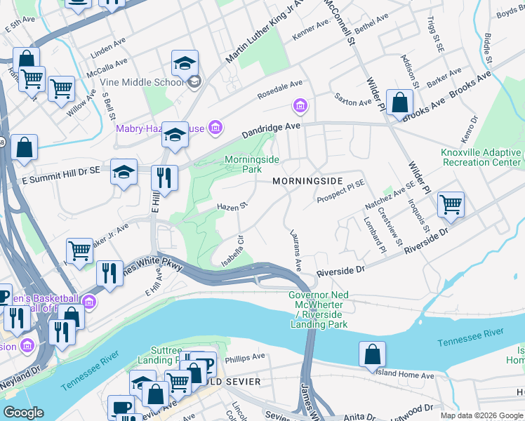 map of restaurants, bars, coffee shops, grocery stores, and more near 1710 Hazen Street in Knoxville