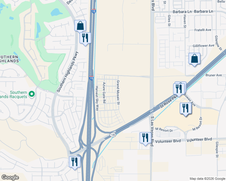 map of restaurants, bars, coffee shops, grocery stores, and more near 12167 Indigo Falls Road in Las Vegas