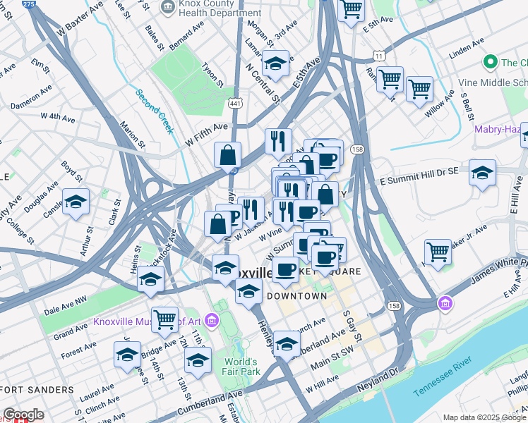 map of restaurants, bars, coffee shops, grocery stores, and more near 401 West Jackson Avenue in Knoxville