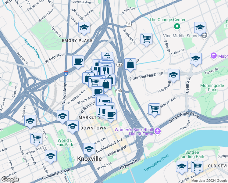 map of restaurants, bars, coffee shops, grocery stores, and more near 200 South Central Street in Knoxville