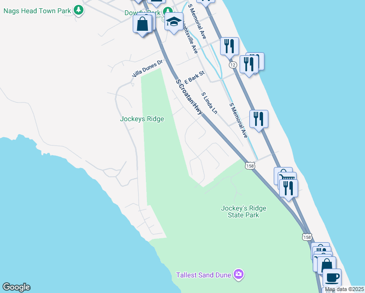 map of restaurants, bars, coffee shops, grocery stores, and more near 129 West Windjammer Road in Nags Head