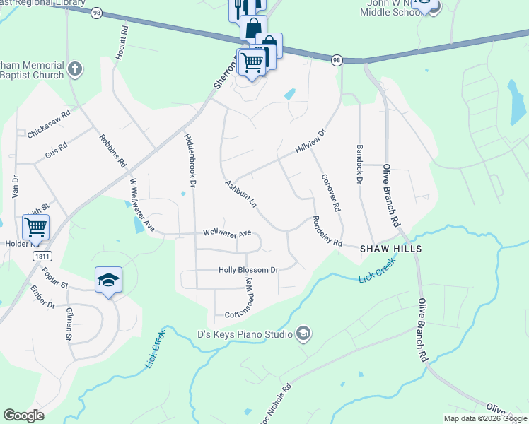 map of restaurants, bars, coffee shops, grocery stores, and more near 617 Ashburn Lane in Durham