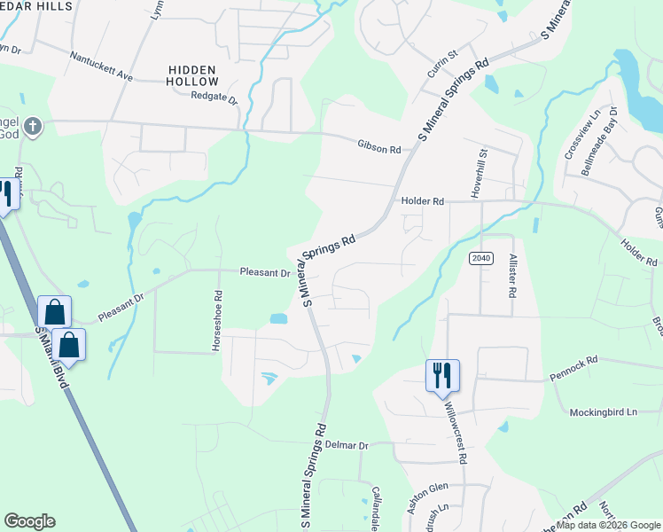 map of restaurants, bars, coffee shops, grocery stores, and more near 915 South Mineral Springs Road in Durham