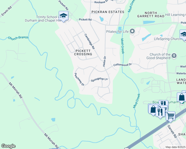 map of restaurants, bars, coffee shops, grocery stores, and more near 4111 Peachway Drive in Durham
