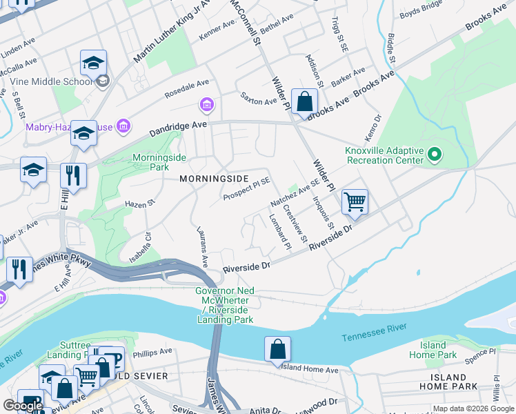 map of restaurants, bars, coffee shops, grocery stores, and more near 1929 Natchez Avenue Southeast in Knoxville
