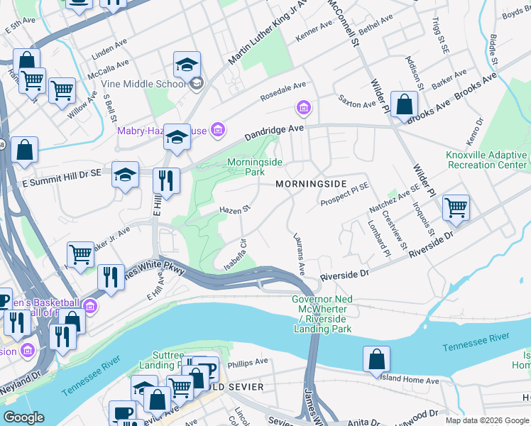map of restaurants, bars, coffee shops, grocery stores, and more near 1710 Hazen Street in Knoxville