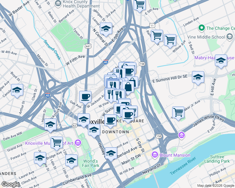 map of restaurants, bars, coffee shops, grocery stores, and more near 119 South Gay Street in Knoxville
