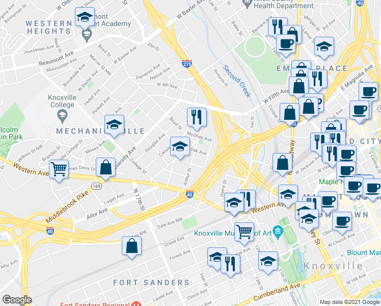 map of restaurants, bars, coffee shops, grocery stores, and more near 1102 Oak Avenue in Knoxville