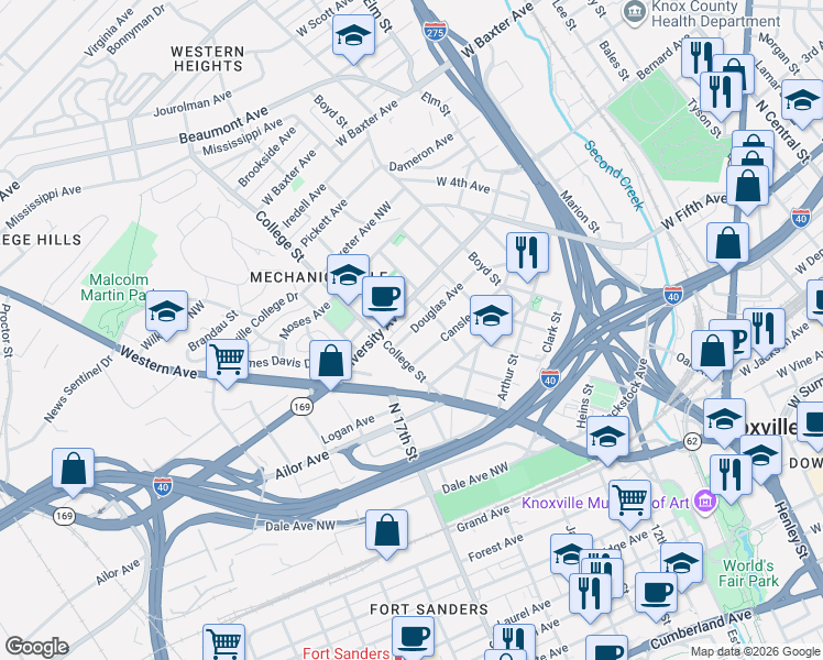 map of restaurants, bars, coffee shops, grocery stores, and more near 219 Douglas Avenue in Knoxville