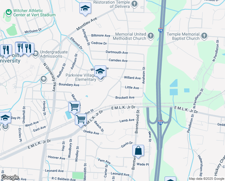map of restaurants, bars, coffee shops, grocery stores, and more near 214 Gordon Street in High Point