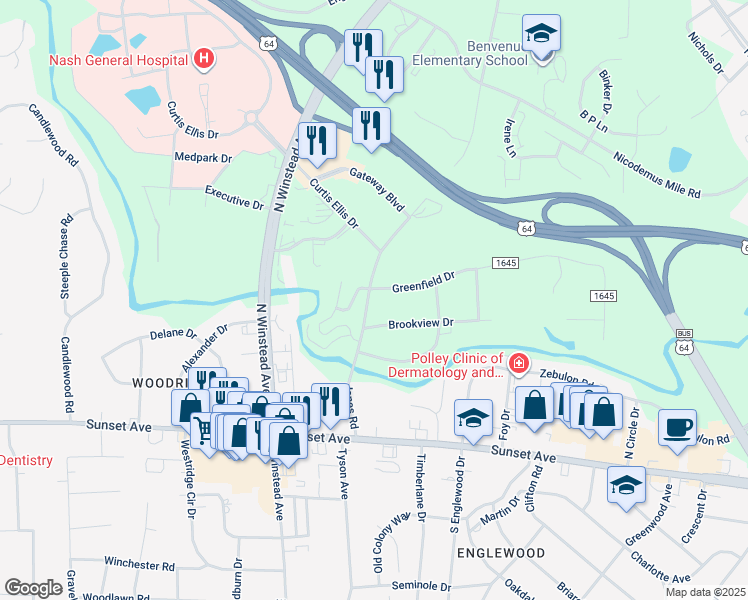 map of restaurants, bars, coffee shops, grocery stores, and more near 3433 Greenfield Drive in Rocky Mount