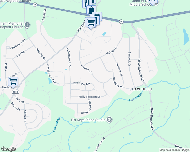 map of restaurants, bars, coffee shops, grocery stores, and more near 617 Ashburn Lane in Durham