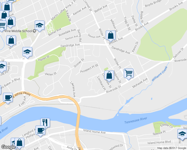 map of restaurants, bars, coffee shops, grocery stores, and more near 1929 Natchez Avenue Southeast in Knoxville