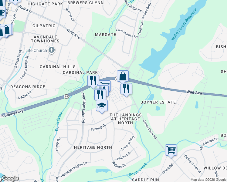 map of restaurants, bars, coffee shops, grocery stores, and more near 939 Gateway Commons Circle in Wake Forest