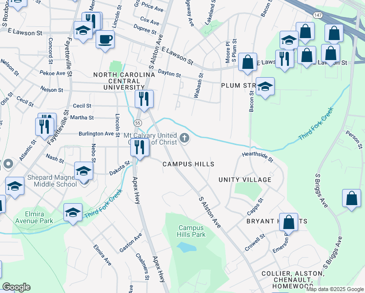 map of restaurants, bars, coffee shops, grocery stores, and more near 1715 Athens Avenue in Durham