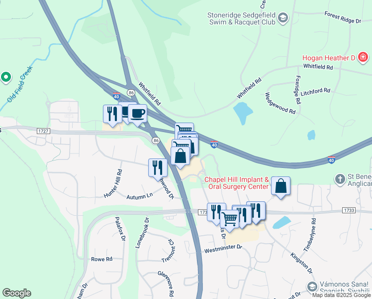 map of restaurants, bars, coffee shops, grocery stores, and more near 1800 Martin Luther King Junior Boulevard in Chapel Hill