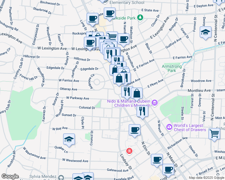 map of restaurants, bars, coffee shops, grocery stores, and more near 89 Hillcrest Drive in High Point
