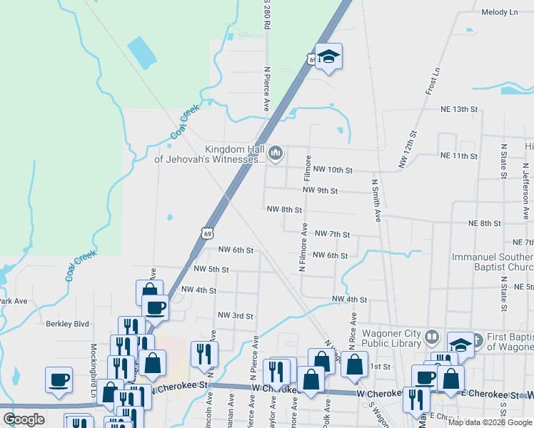 map of restaurants, bars, coffee shops, grocery stores, and more near 711 Northwest 8th Street in Wagoner