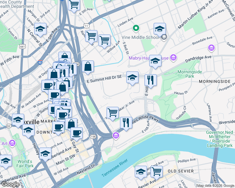 map of restaurants, bars, coffee shops, grocery stores, and more near Lula Powell Drive in Knoxville