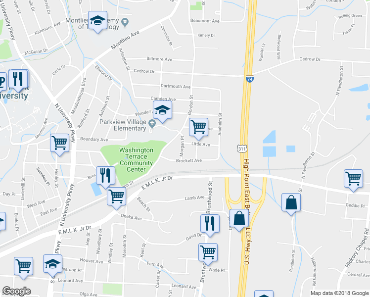 map of restaurants, bars, coffee shops, grocery stores, and more near 212 Morgan Place in High Point