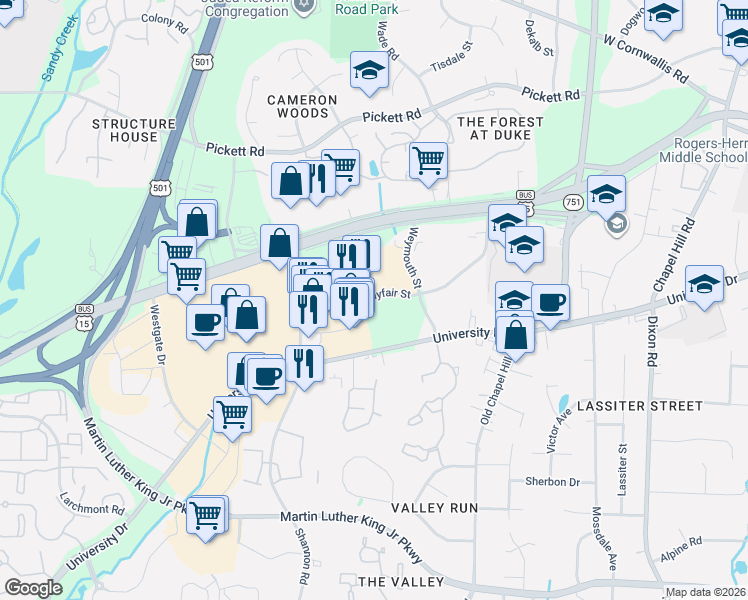 map of restaurants, bars, coffee shops, grocery stores, and more near 3806 University Drive in Durham