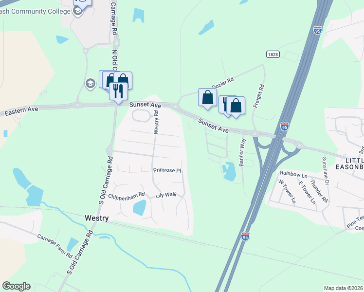 map of restaurants, bars, coffee shops, grocery stores, and more near 4600 Honeysuckle Lane in Rocky Mount