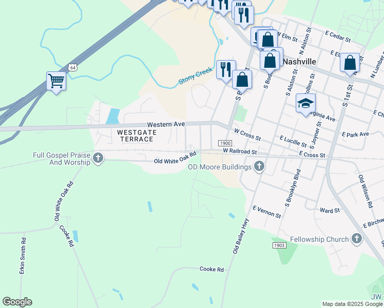 map of restaurants, bars, coffee shops, grocery stores, and more near Old White Oak Road in Nashville