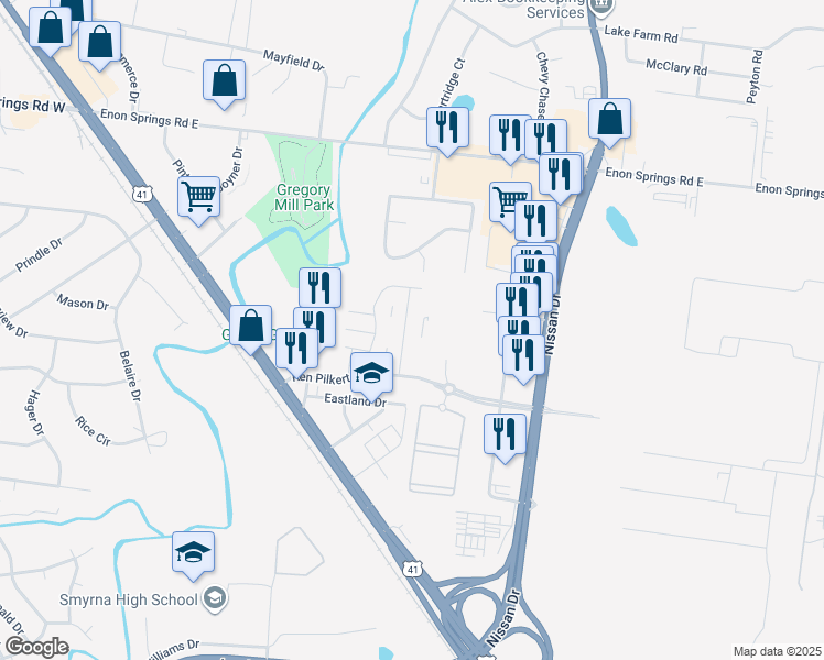 map of restaurants, bars, coffee shops, grocery stores, and more near 725 Mill Springs Drive in Smyrna