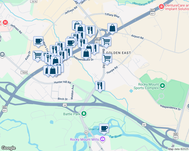 map of restaurants, bars, coffee shops, grocery stores, and more near 12 Success Court in Rocky Mount