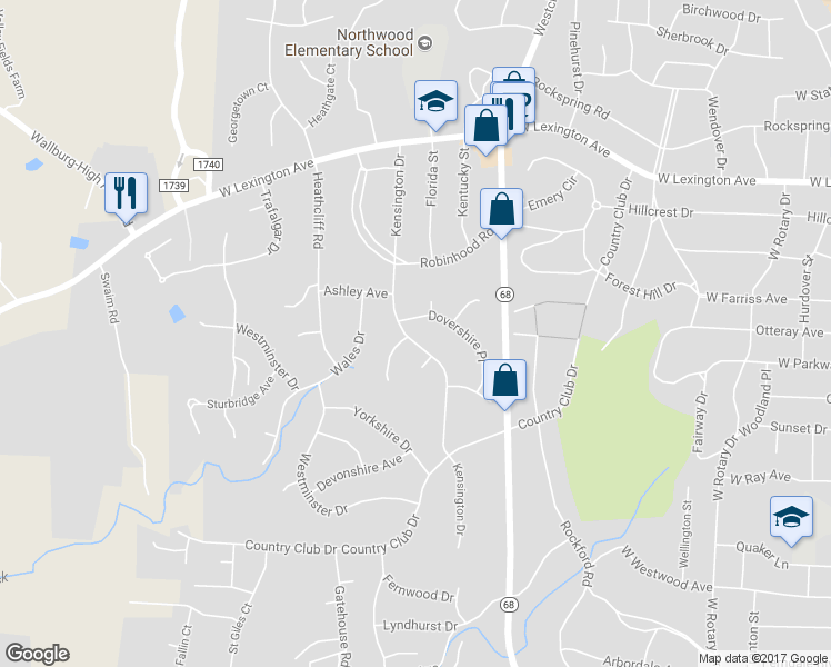 map of restaurants, bars, coffee shops, grocery stores, and more near 1230 Kensington Drive in High Point