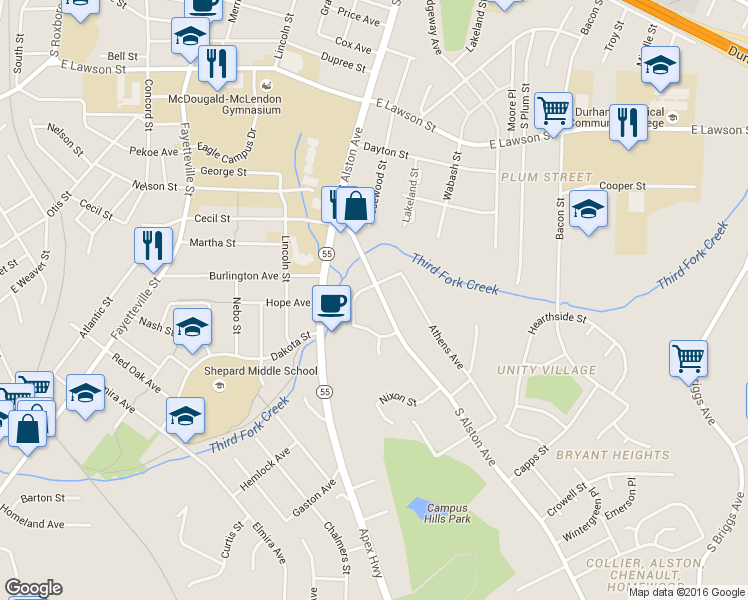 map of restaurants, bars, coffee shops, grocery stores, and more near 1706 South Alston Avenue in Durham