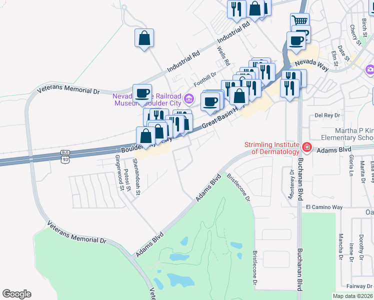 map of restaurants, bars, coffee shops, grocery stores, and more near 1601 Cedar Drive in Boulder City