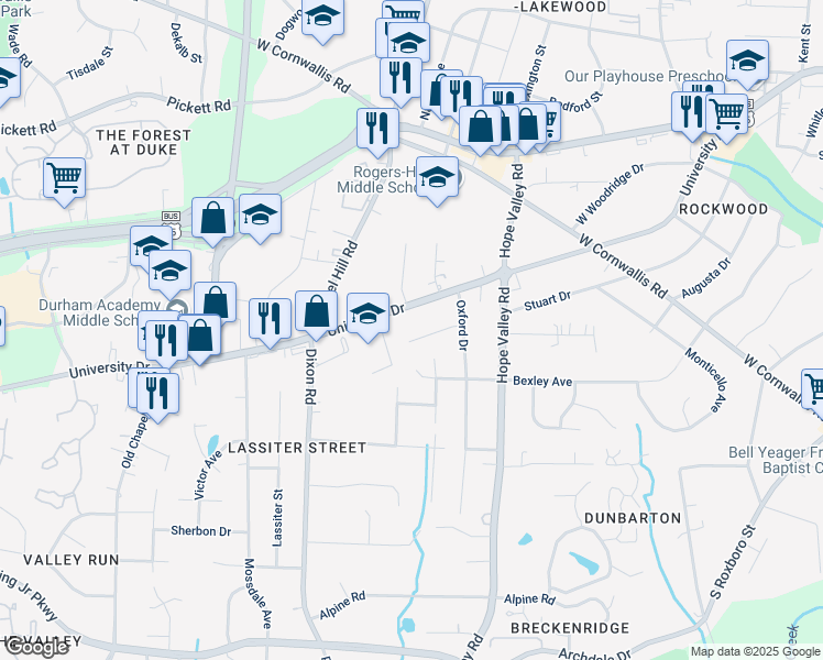 map of restaurants, bars, coffee shops, grocery stores, and more near 2508 Yorkdale Court in Durham