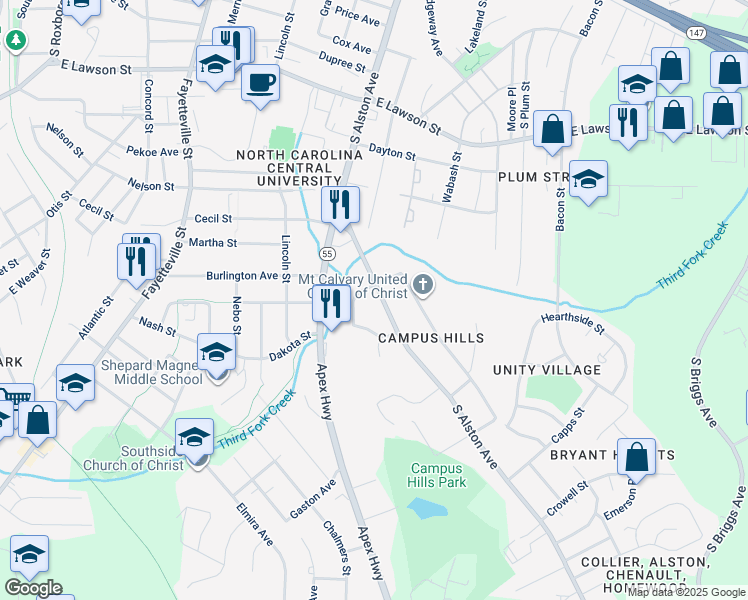map of restaurants, bars, coffee shops, grocery stores, and more near 1706 South Alston Avenue in Durham