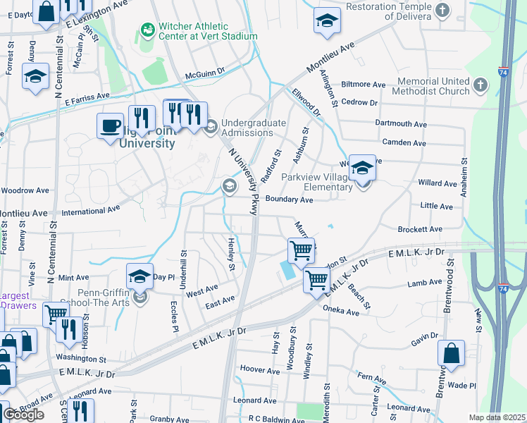 map of restaurants, bars, coffee shops, grocery stores, and more near 1605 Graves Avenue in High Point