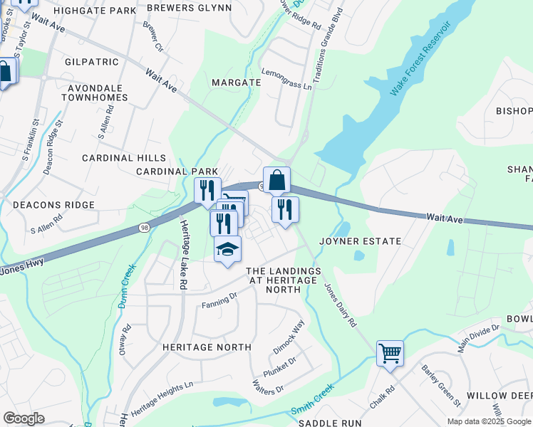 map of restaurants, bars, coffee shops, grocery stores, and more near 939 Gateway Commons Circle in Wake Forest