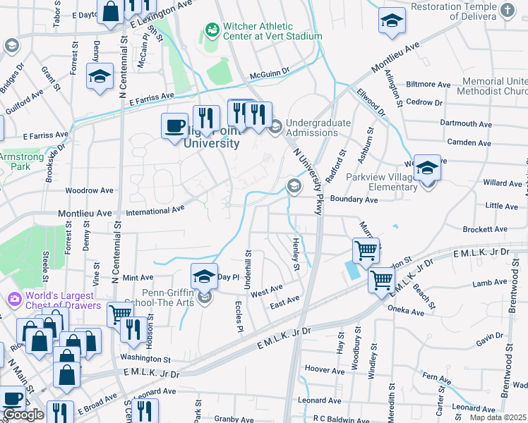 map of restaurants, bars, coffee shops, grocery stores, and more near 1292 Boundary Avenue in High Point