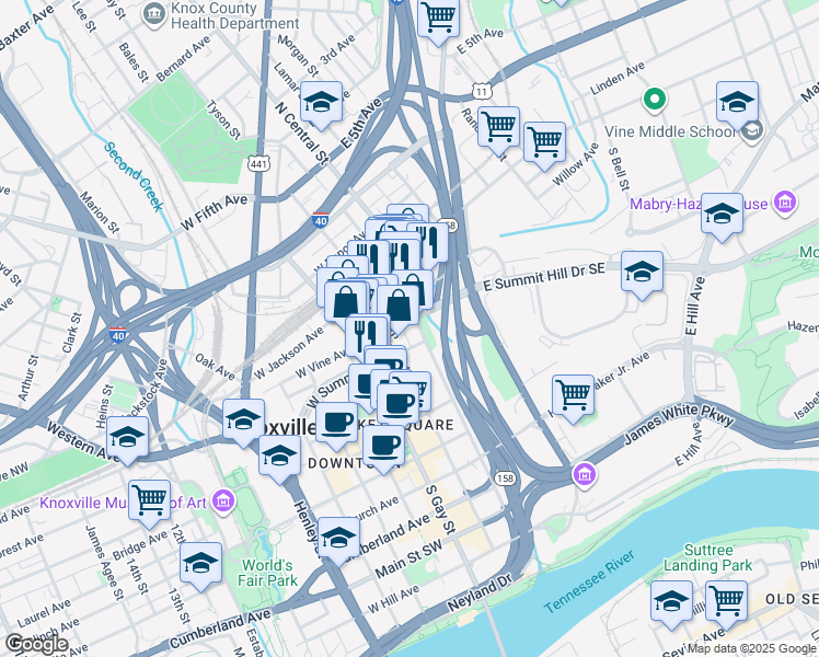 map of restaurants, bars, coffee shops, grocery stores, and more near 200 South Central Street in Knoxville