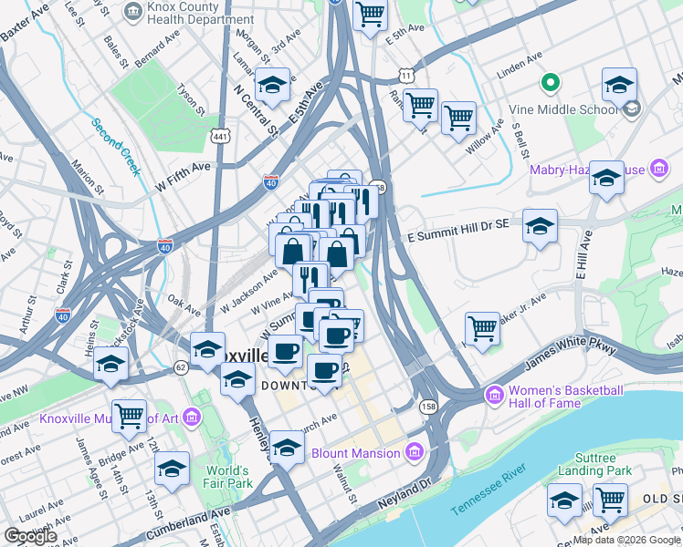 map of restaurants, bars, coffee shops, grocery stores, and more near 200 South Central Street in Knoxville